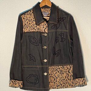 Koret- Black Leopard  print denim‎ jacket, size large